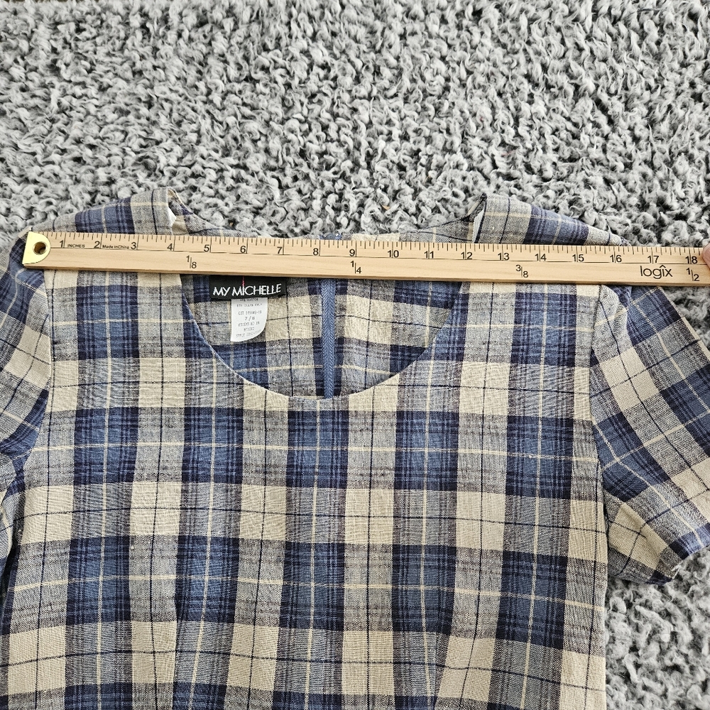 Vintage 90s My Michelle Blue Plaid Mini Dress 7/8 XS Short Sleeve Linen Grunge - Picture 6 of 14